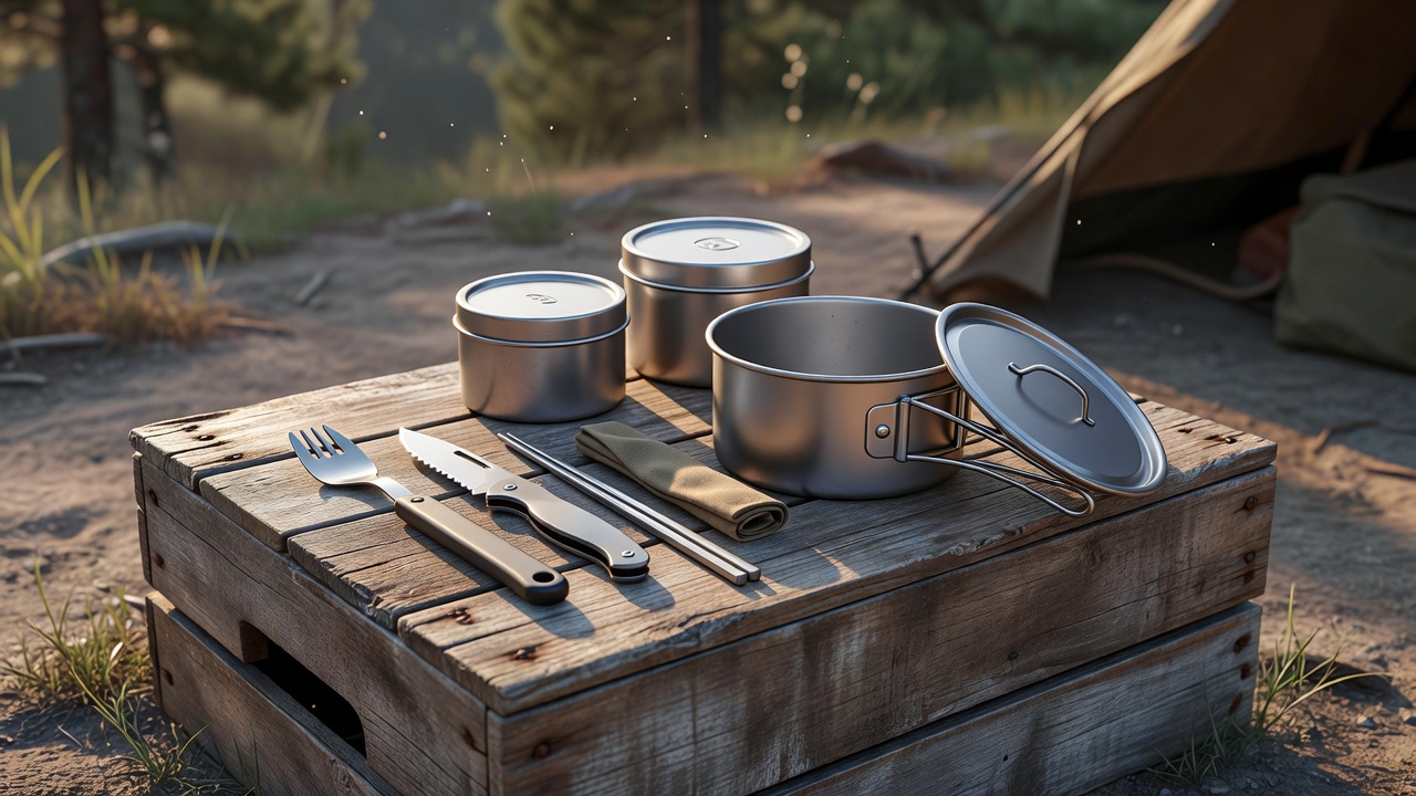 Utensils, lidded food containers and a small cooking pot laid out beside a reclaimed camp kitchen crate