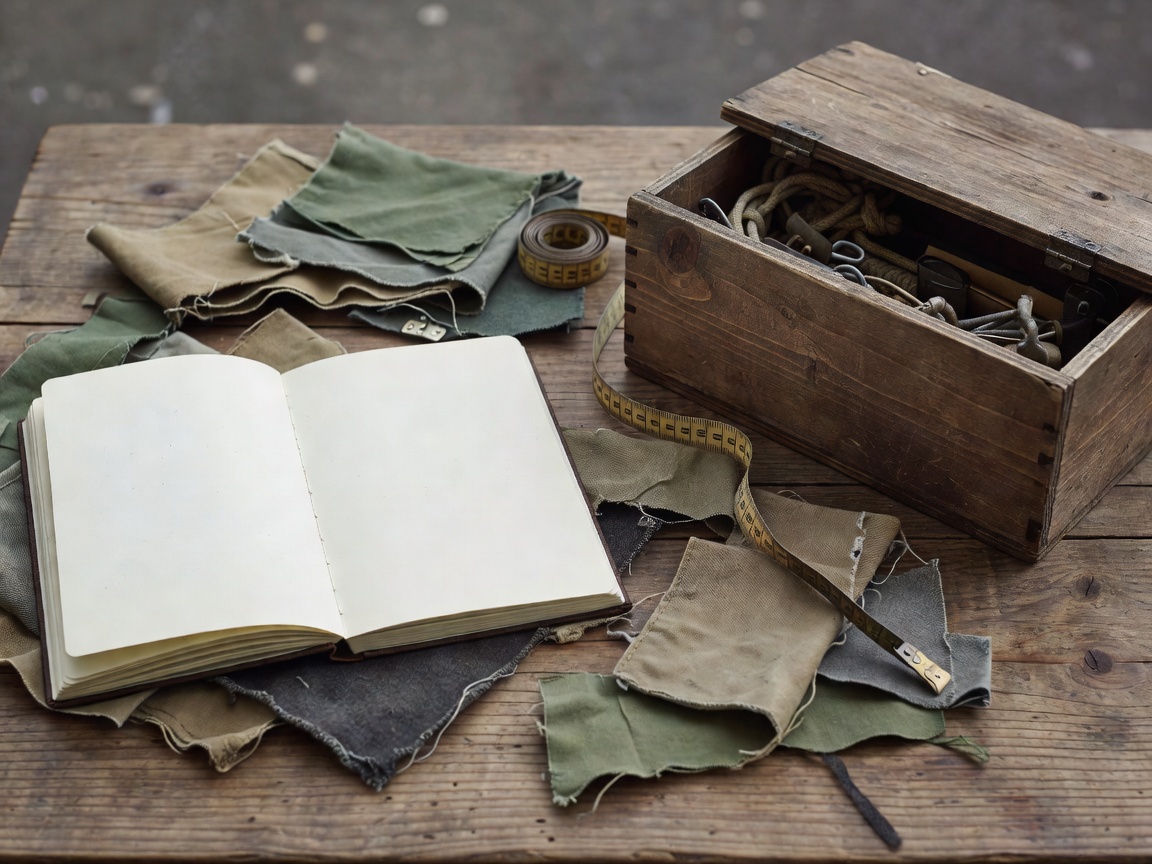 Open planning notebook beside fabric offcuts, a measuring tape and a wooden camp storage box