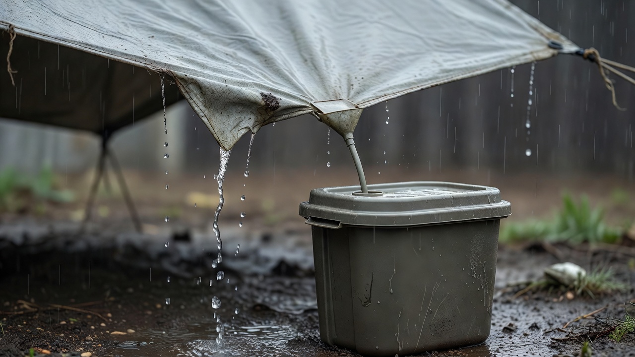 Rain dripping from the low corner of a small tarp toward a labelled covered collection container