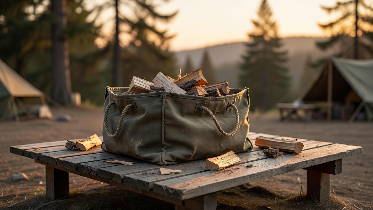 Small firewood pieces resting in a canvas carrier on a raised campsite platform in evening light