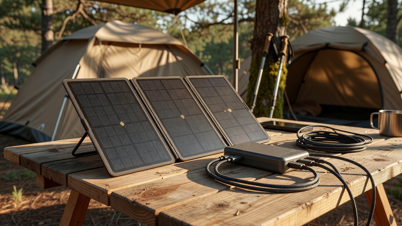 Folding solar panel on a campsite table with a shaded power bank and short coiled USB cables